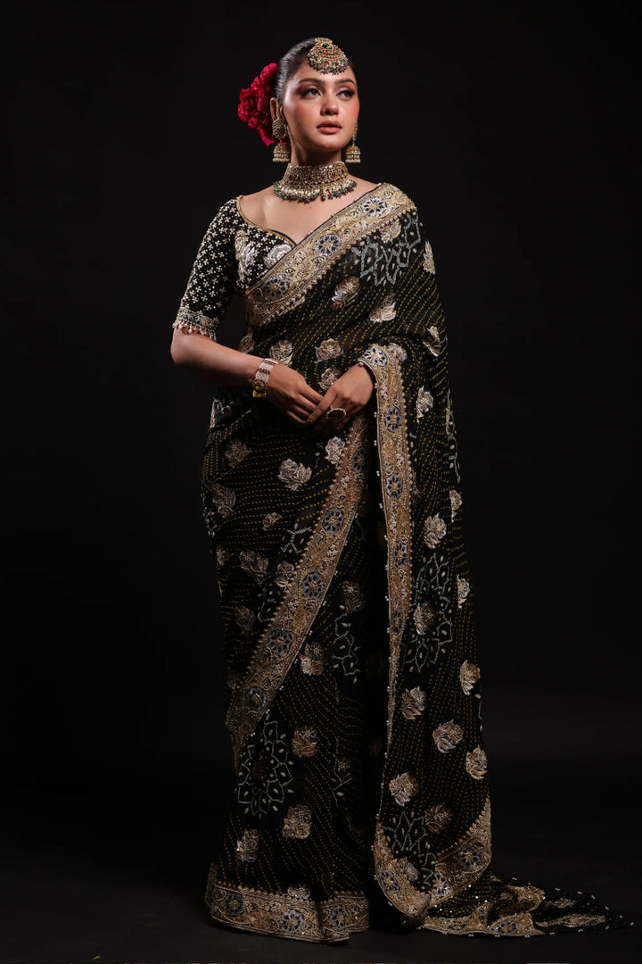 Black Pure Georgette Bandhej Saree