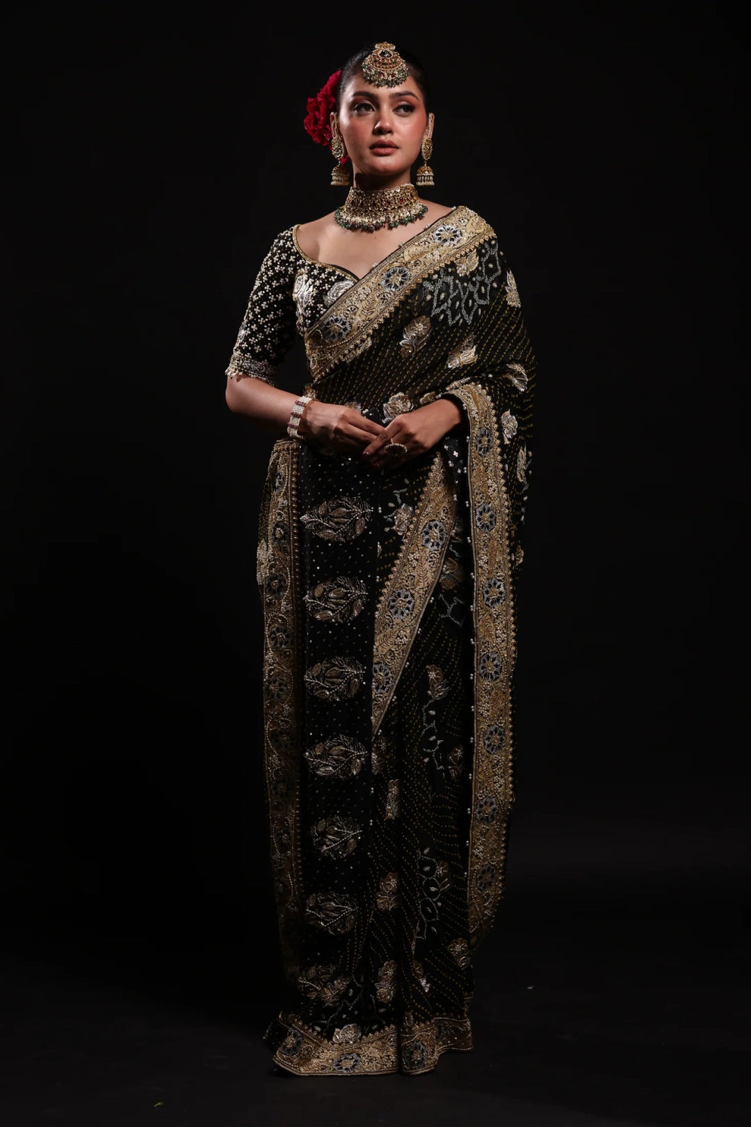 Black Pure Georgette Bandhej Saree