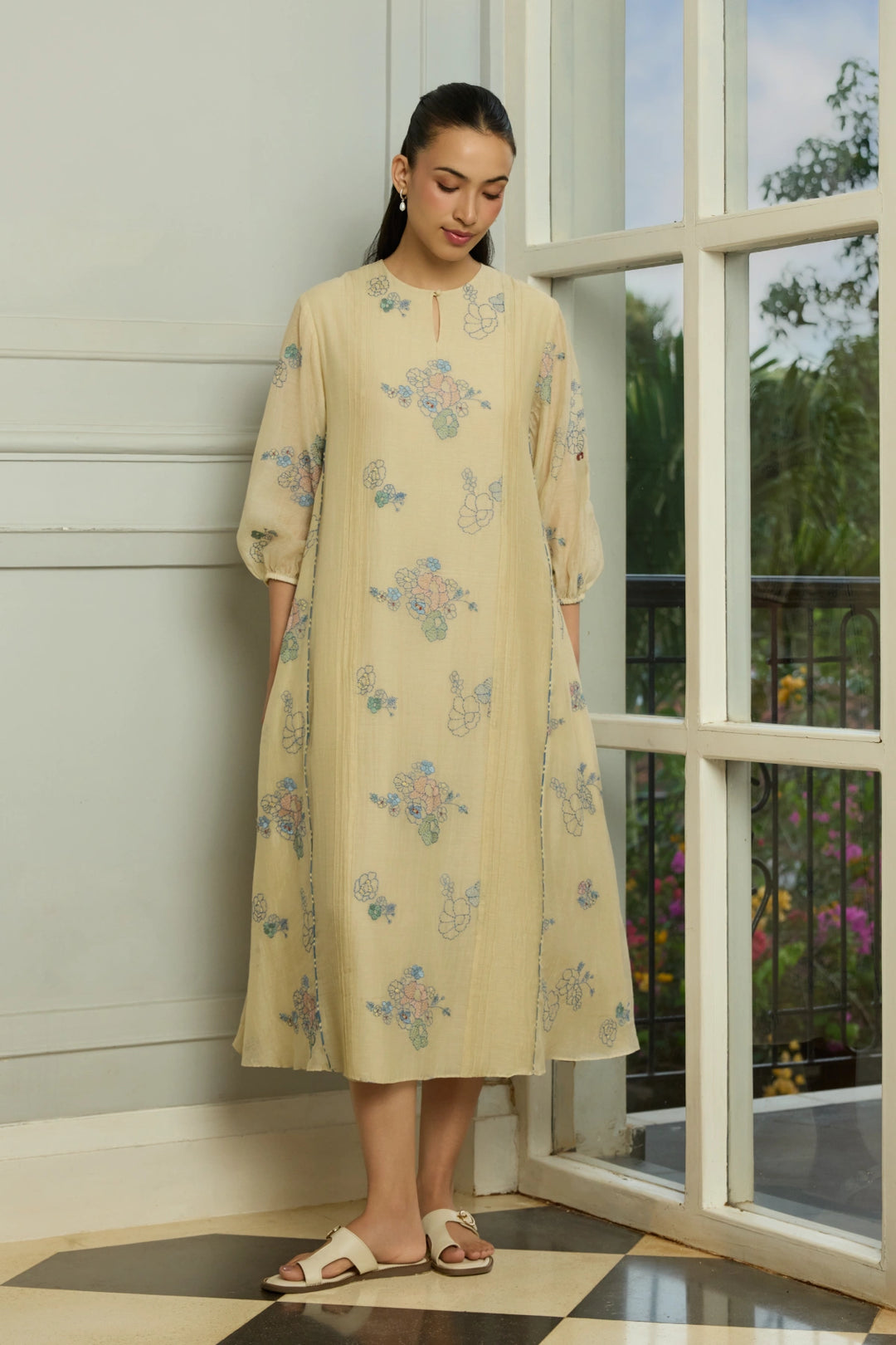 Ecru Thread Embroidered Dress