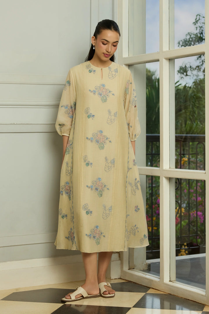 Ecru Thread Embroidered Dress