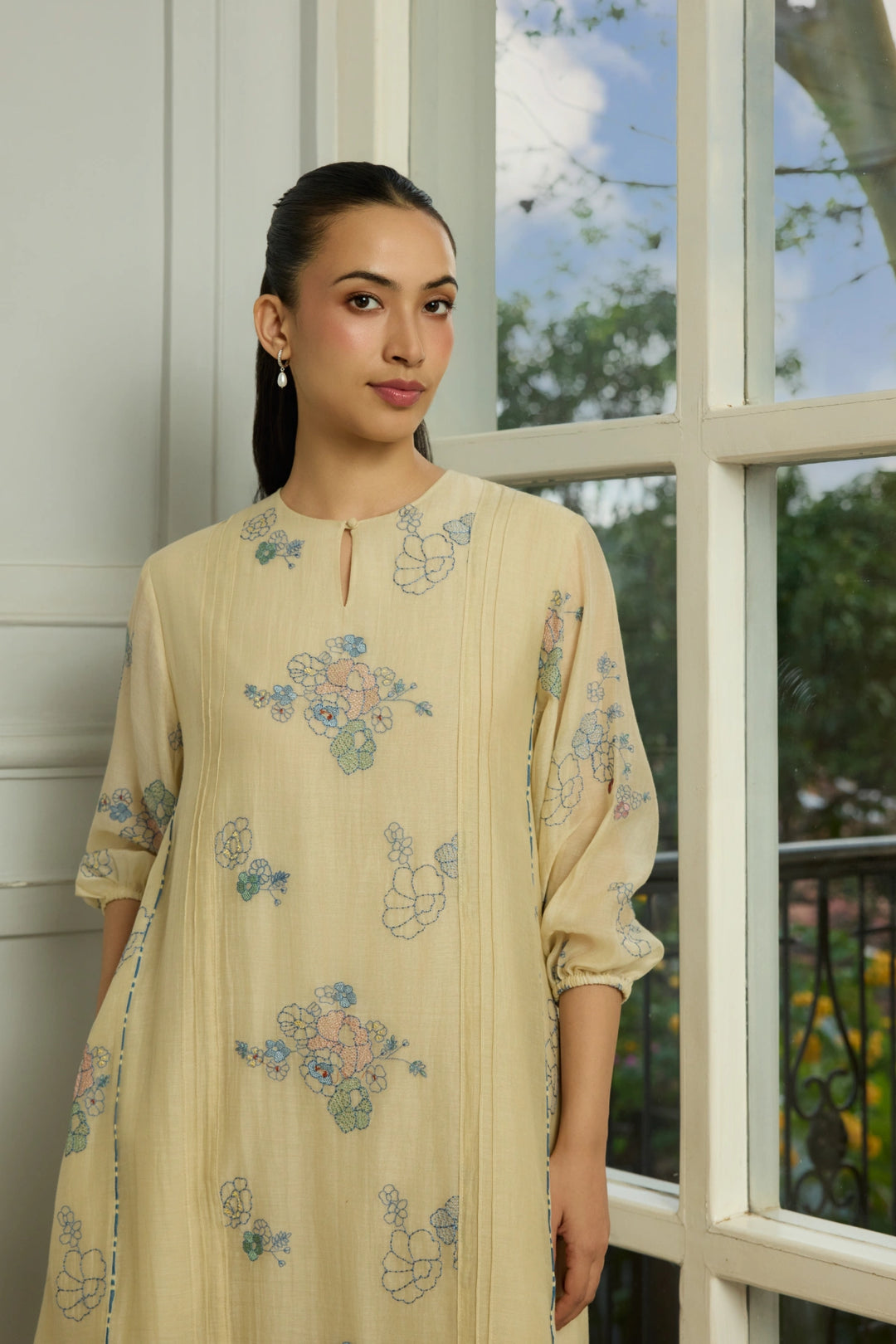 Ecru Thread Embroidered Dress