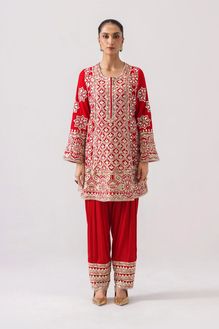 Red Short A-Line Kurta Set