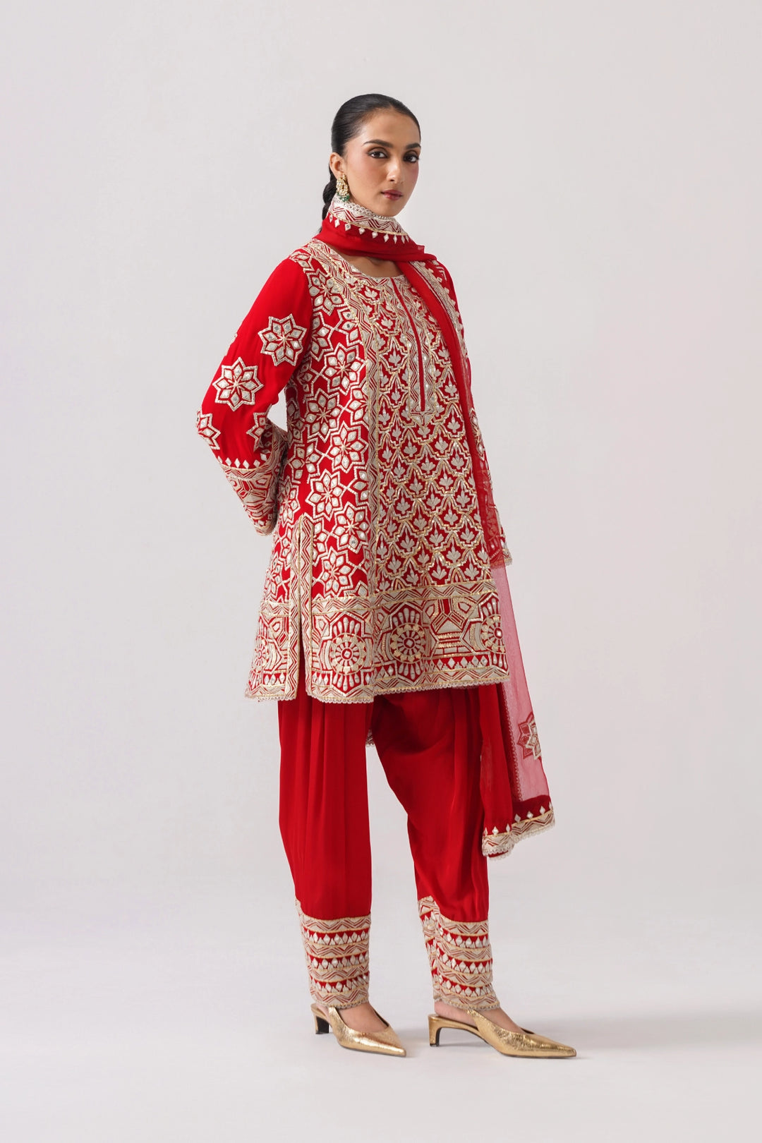 Red Short A-Line Kurta Set