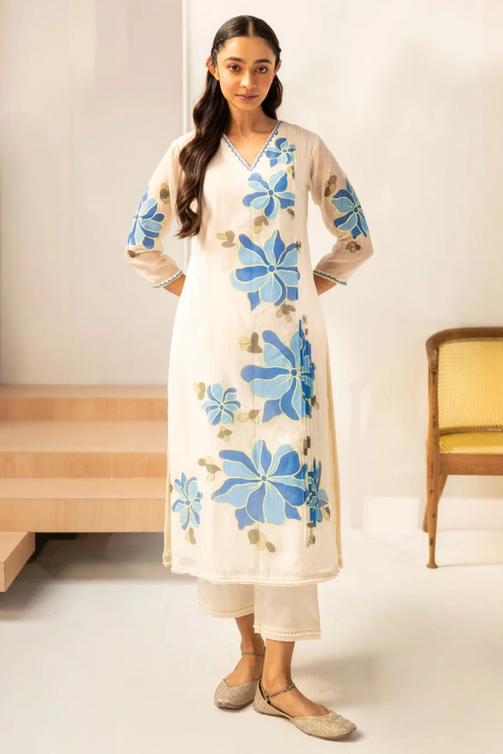 Zoya Mul Chanderi Kurta Set in Off-White