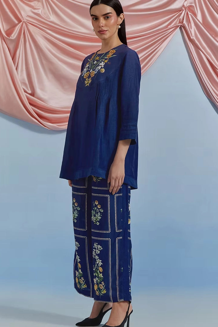 Bouquet pleated Top & Pant set - Airforce Blue