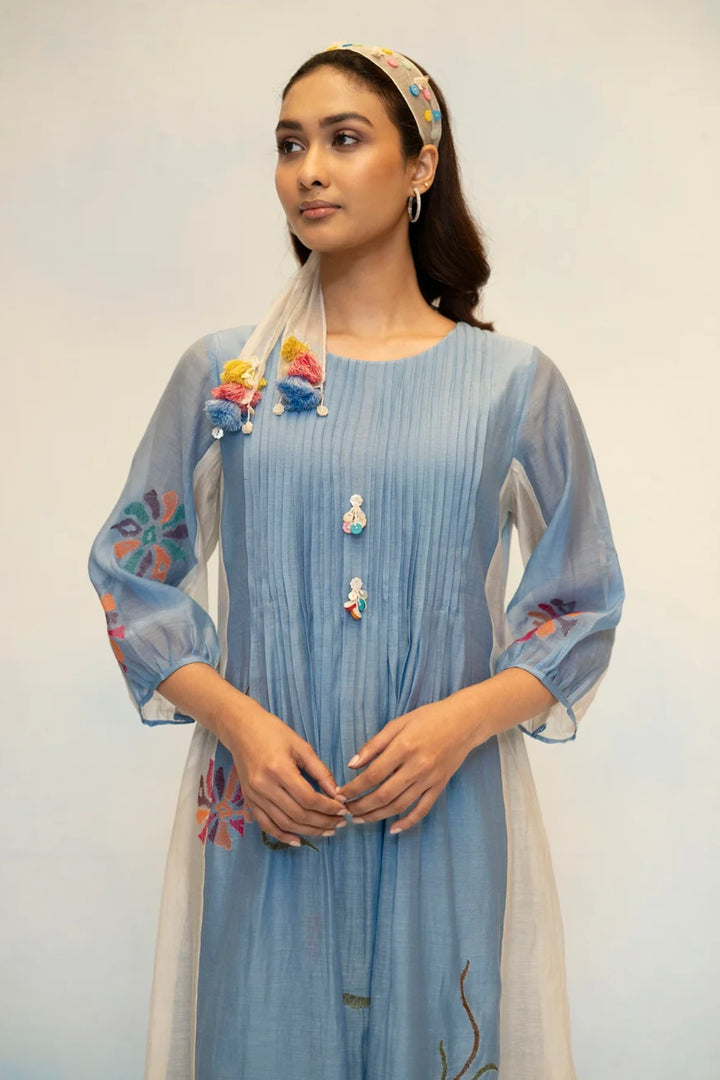 Meher Mul Chanderi Tunic Set in Blue