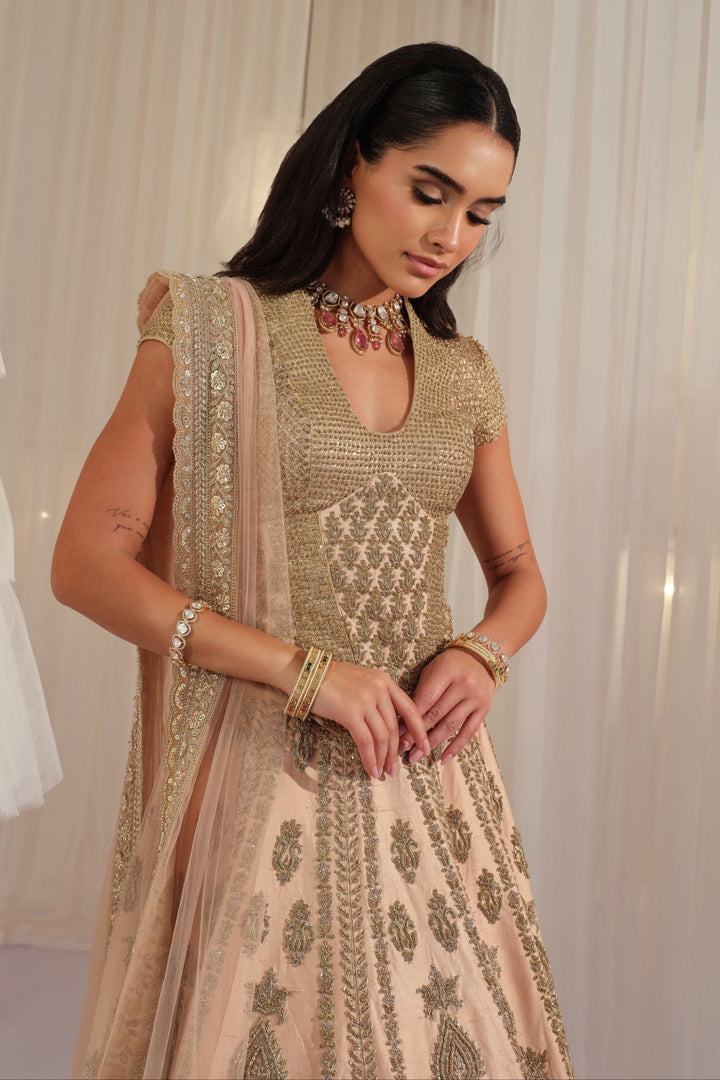 Peach Muted Gold Corset With Lehenga & Dupatta