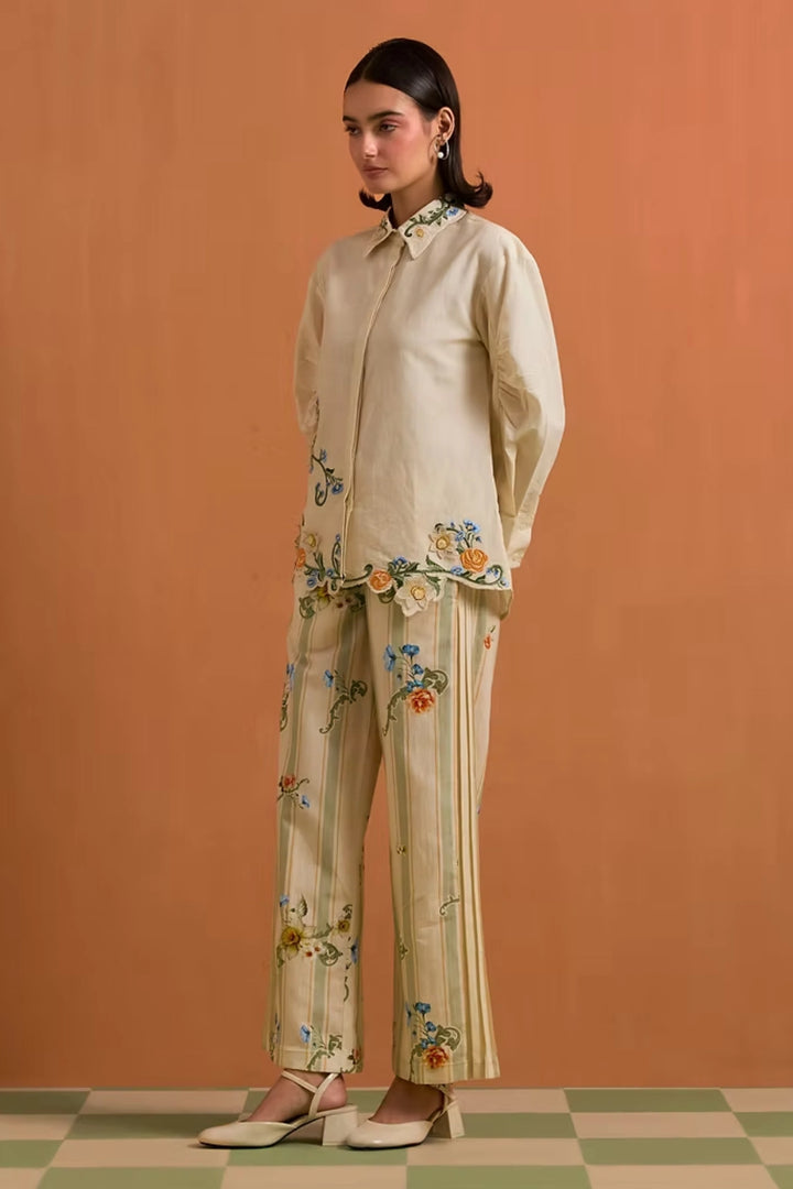 Aurelia Floral shirt and trouser set- Ivory