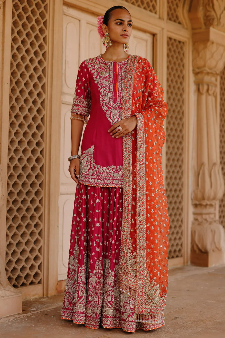Maysam - Hot Pink Kurta Set with Sharara & Dupatta