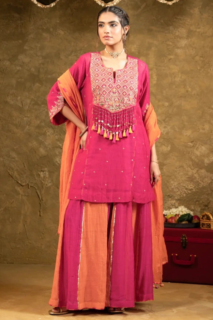 Antique Chowkadi Sharara Set - Pink + Orange