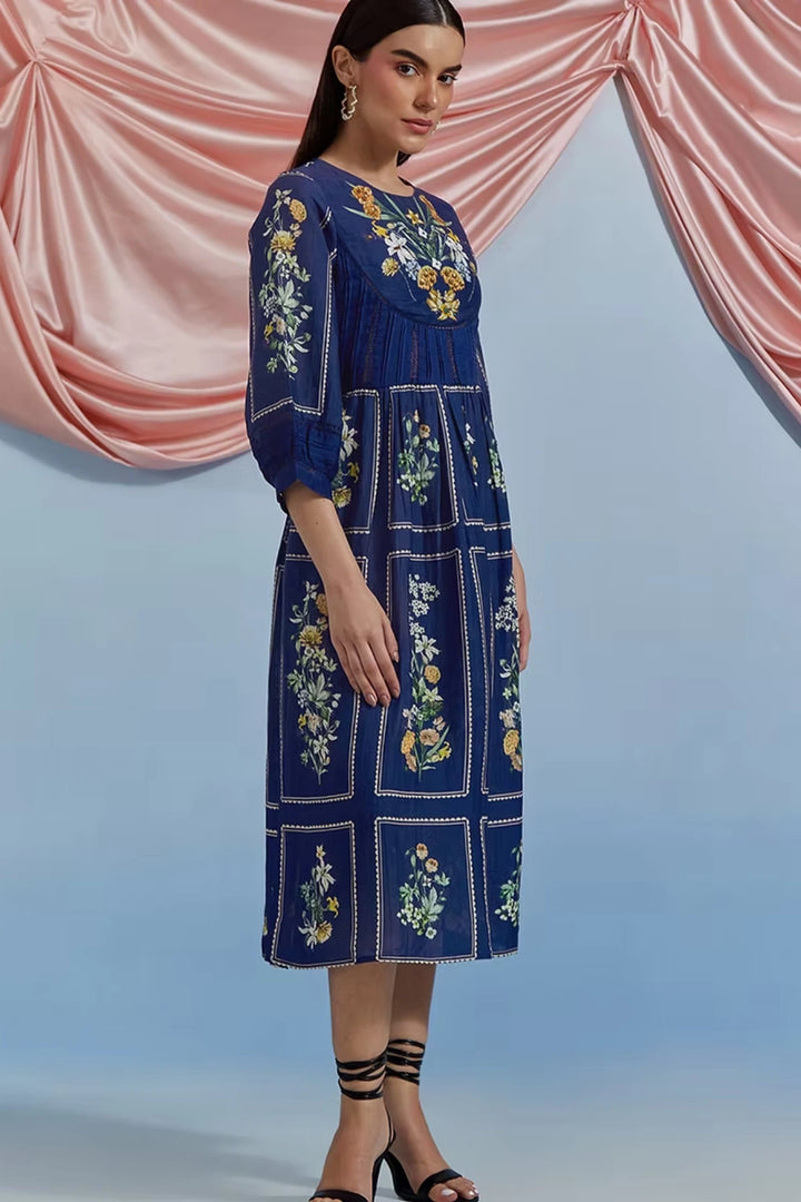 Bouquet Midi Dress - Airforce Blue