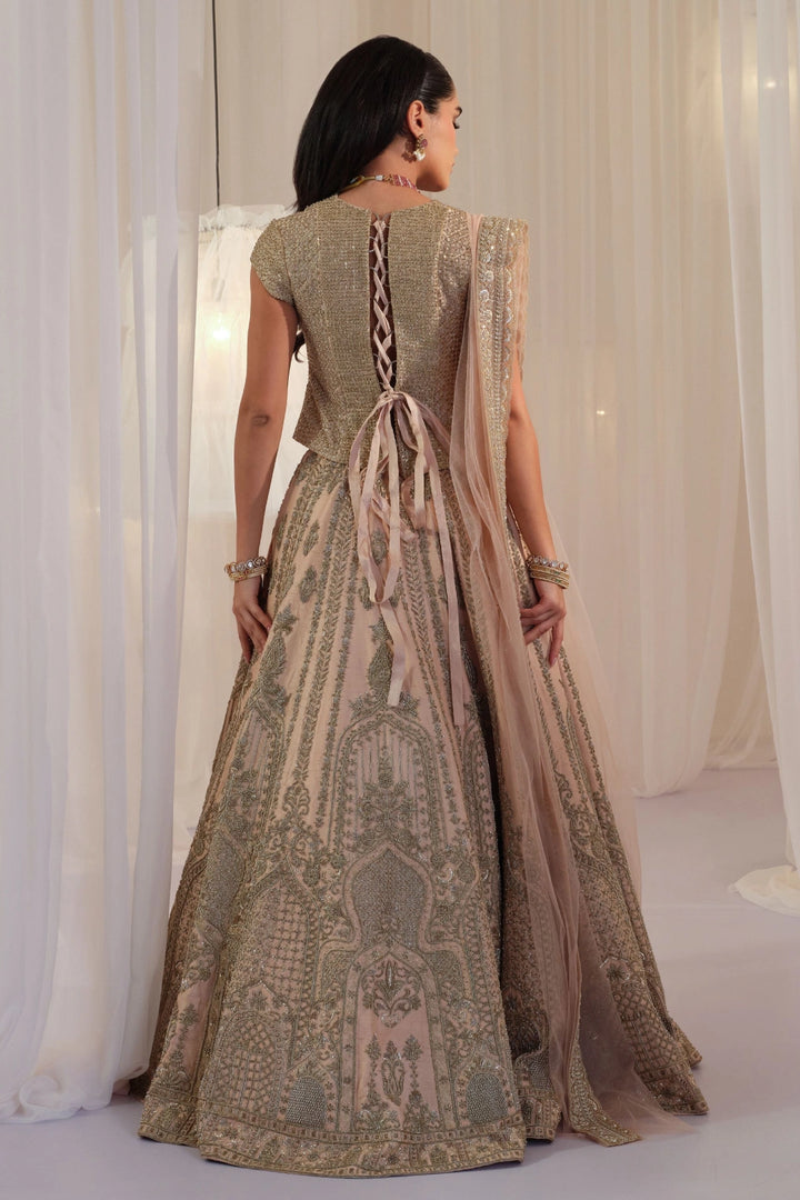 Peach Muted Gold Corset With Lehenga & Dupatta
