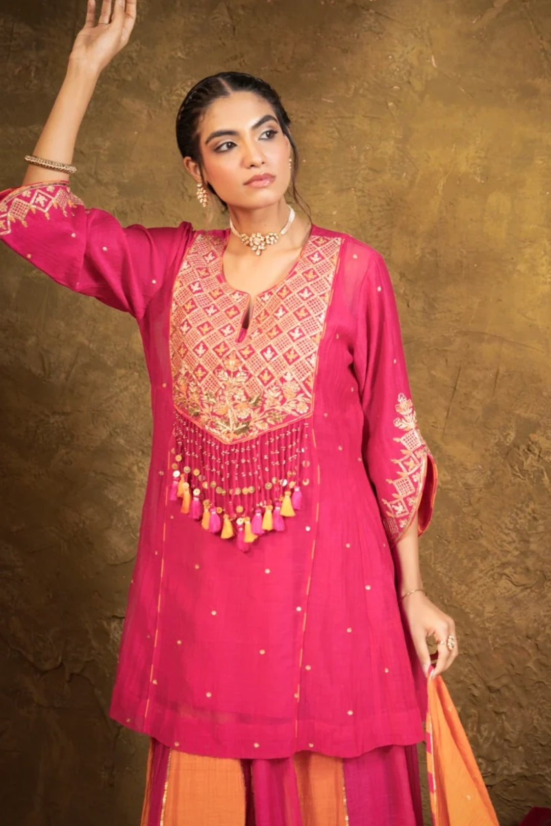 Antique Chowkadi Sharara Set - Pink + Orange