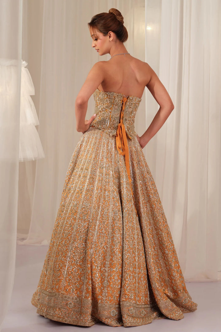 Burnt Orange Raw Silk Lehenga With Corset & Dupatta