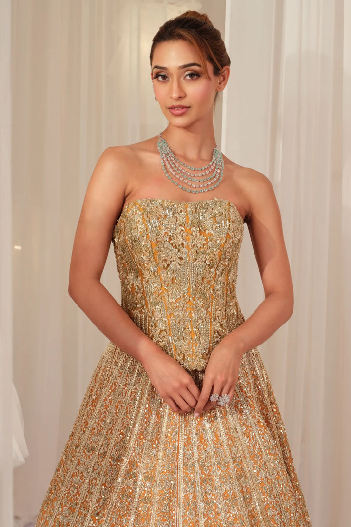 Burnt Orange Raw Silk Lehenga With Corset & Dupatta
