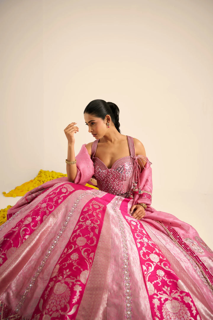 Fuscia panelled Lehenga set