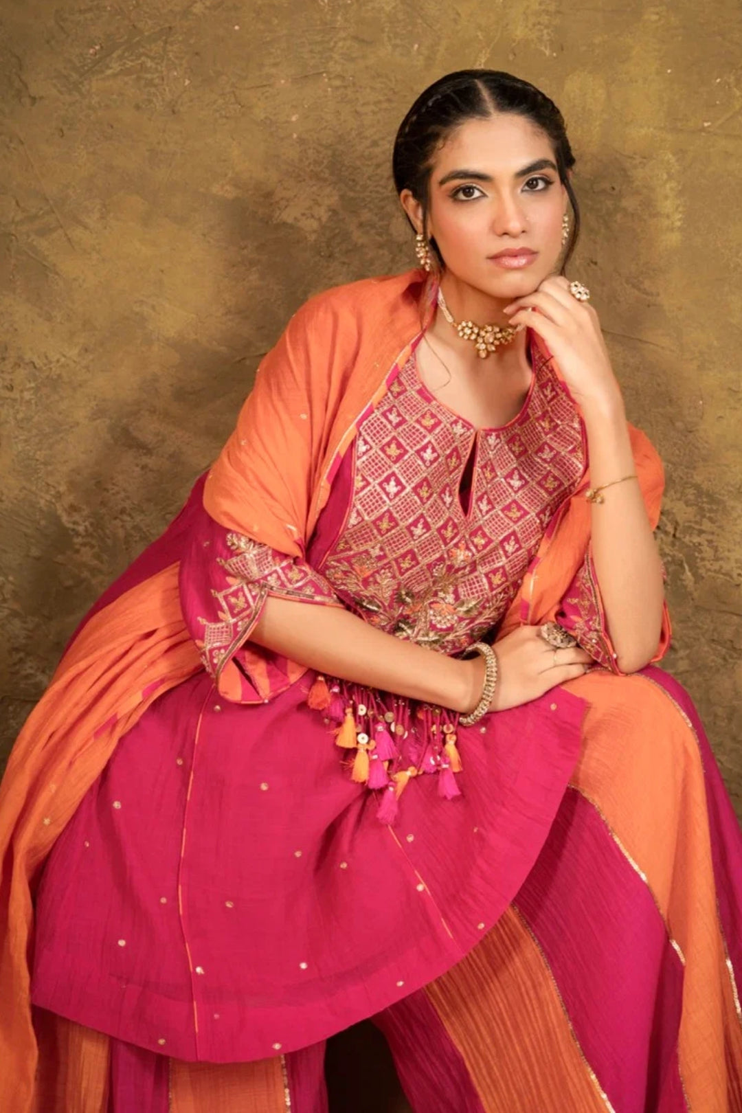 Antique Chowkadi Sharara Set - Pink + Orange