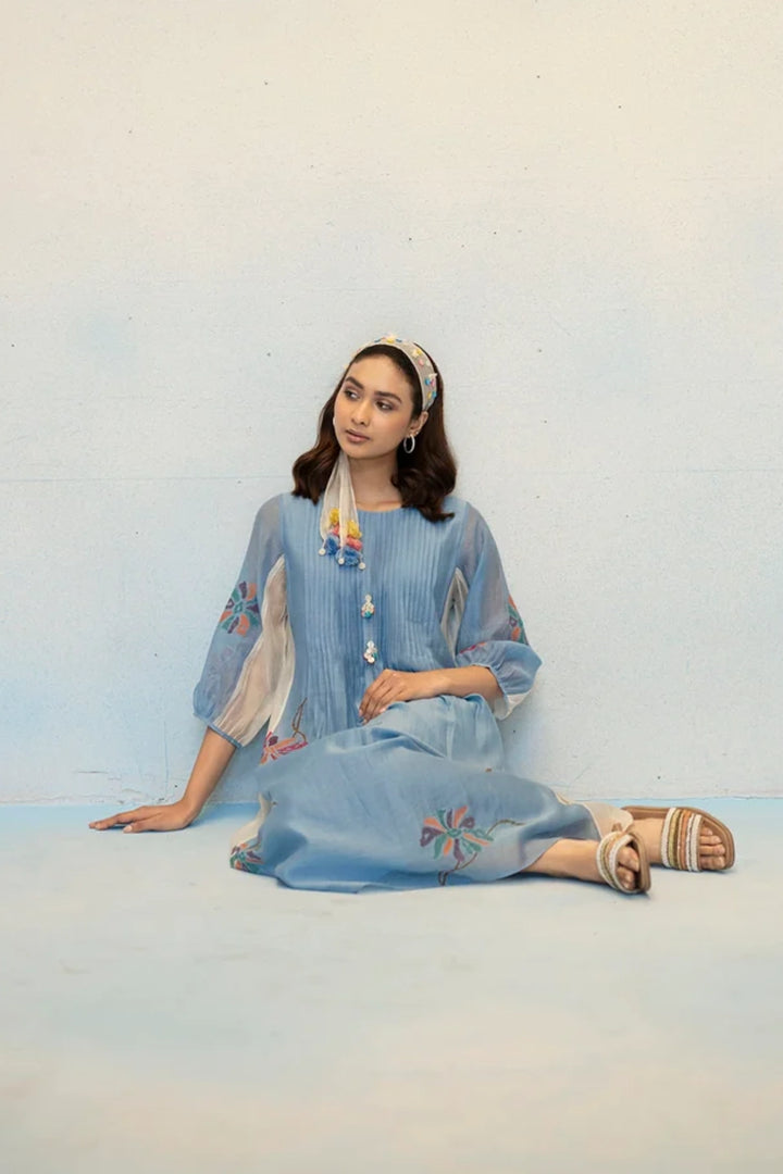 Meher Mul Chanderi Tunic Set in Blue