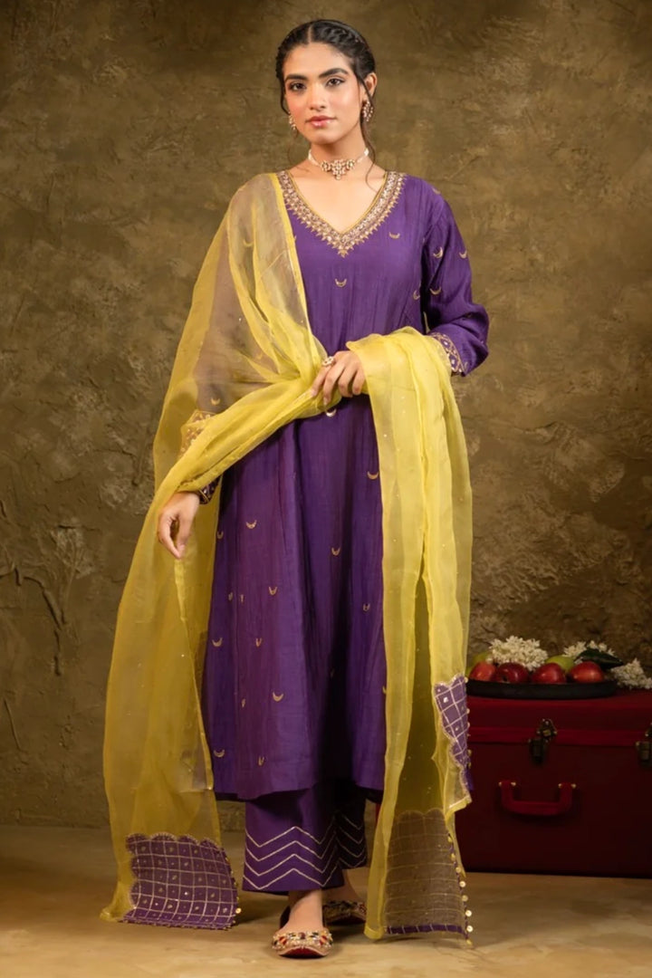 Purple Chand Booti A-Line Suit Set