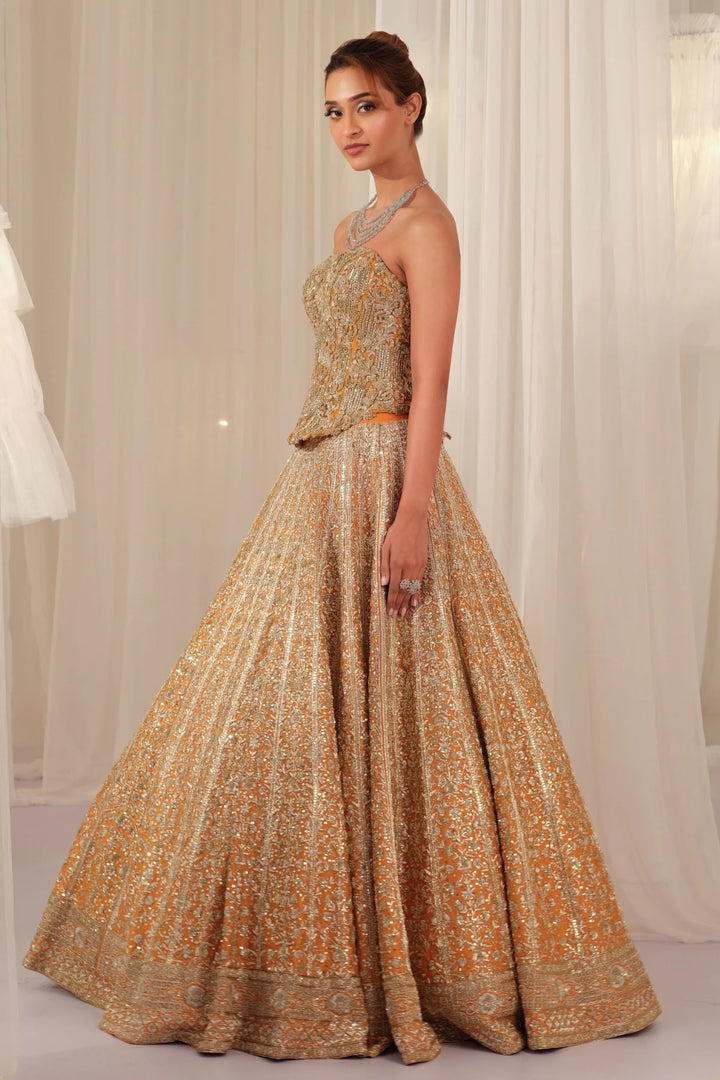 Burnt Orange Raw Silk Lehenga With Corset & Dupatta