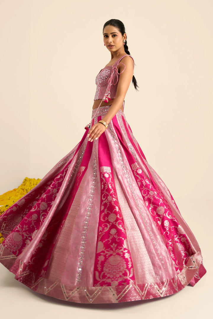 Fuscia panelled Lehenga set