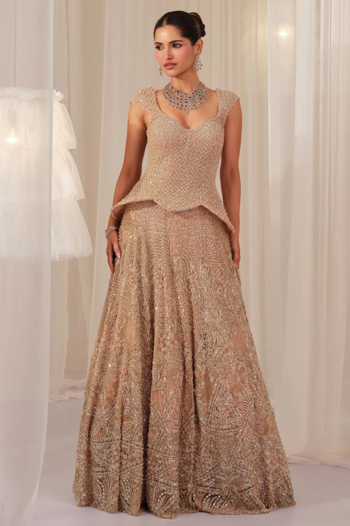 Soft Blush Hand Embellished Peplum Corset With Lehenga & Dupatta