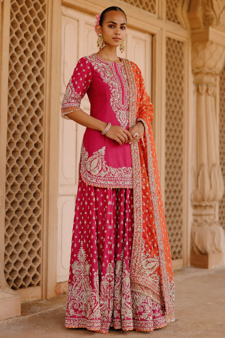 Maysam - Hot Pink Kurta Set with Sharara & Dupatta
