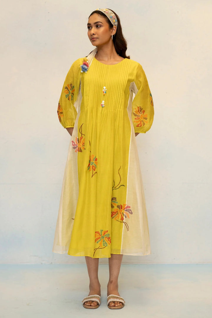 Meher Mul Chanderi Tunic Set in Olive Yellow