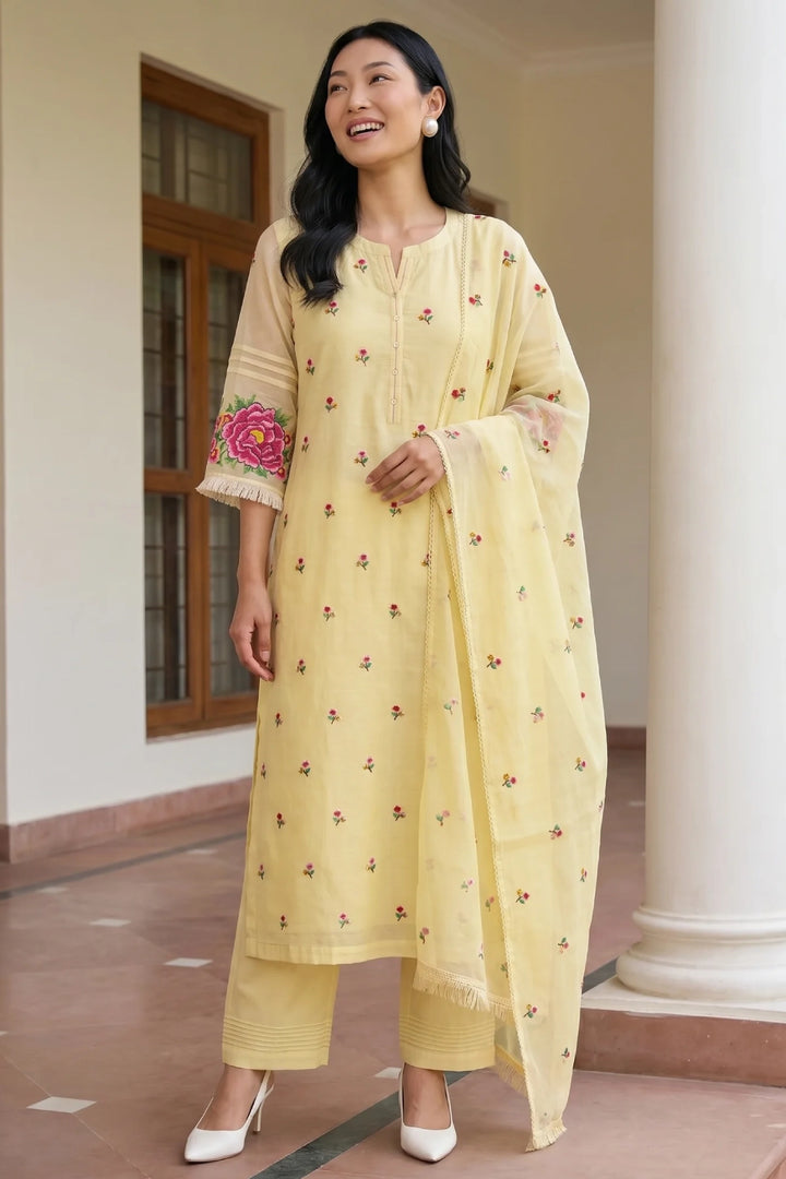 Zia Cross-Stitch Pure Mul Chanderi Kurta Set
