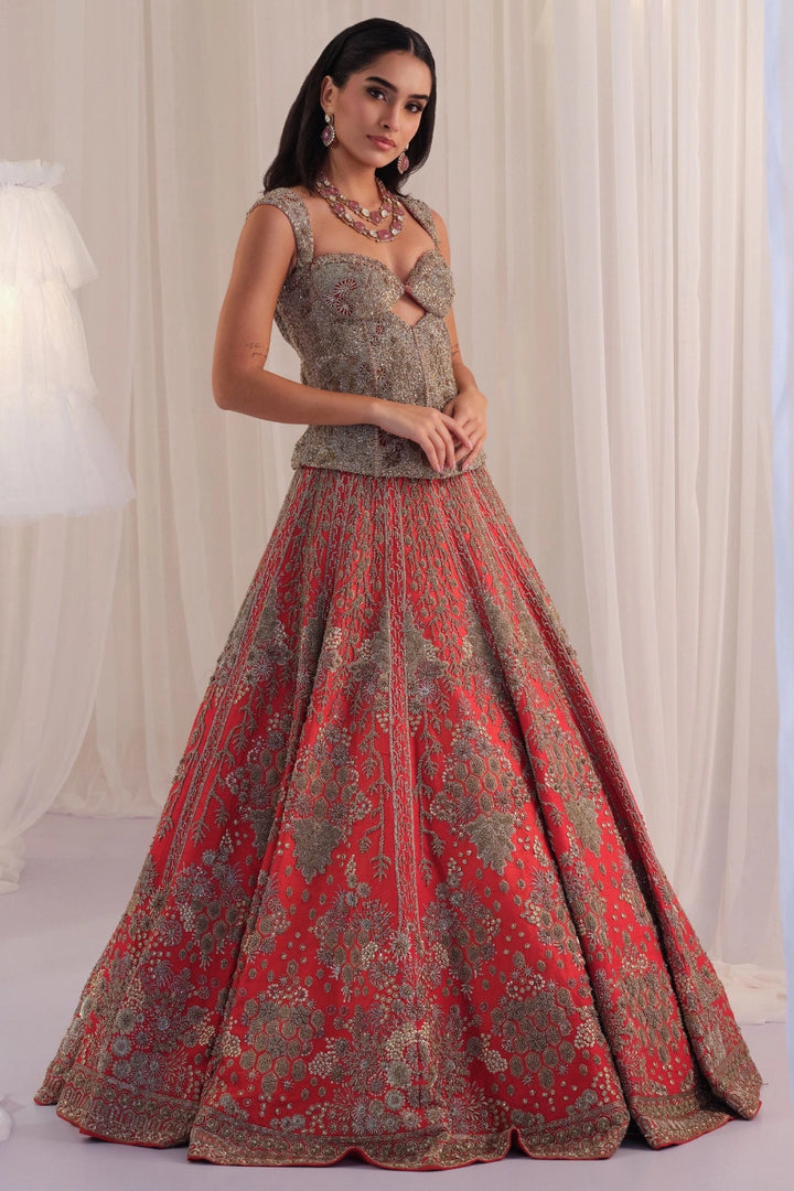 Red Hand Embellished Corset with Raw Silk Lehenga & Dupatta