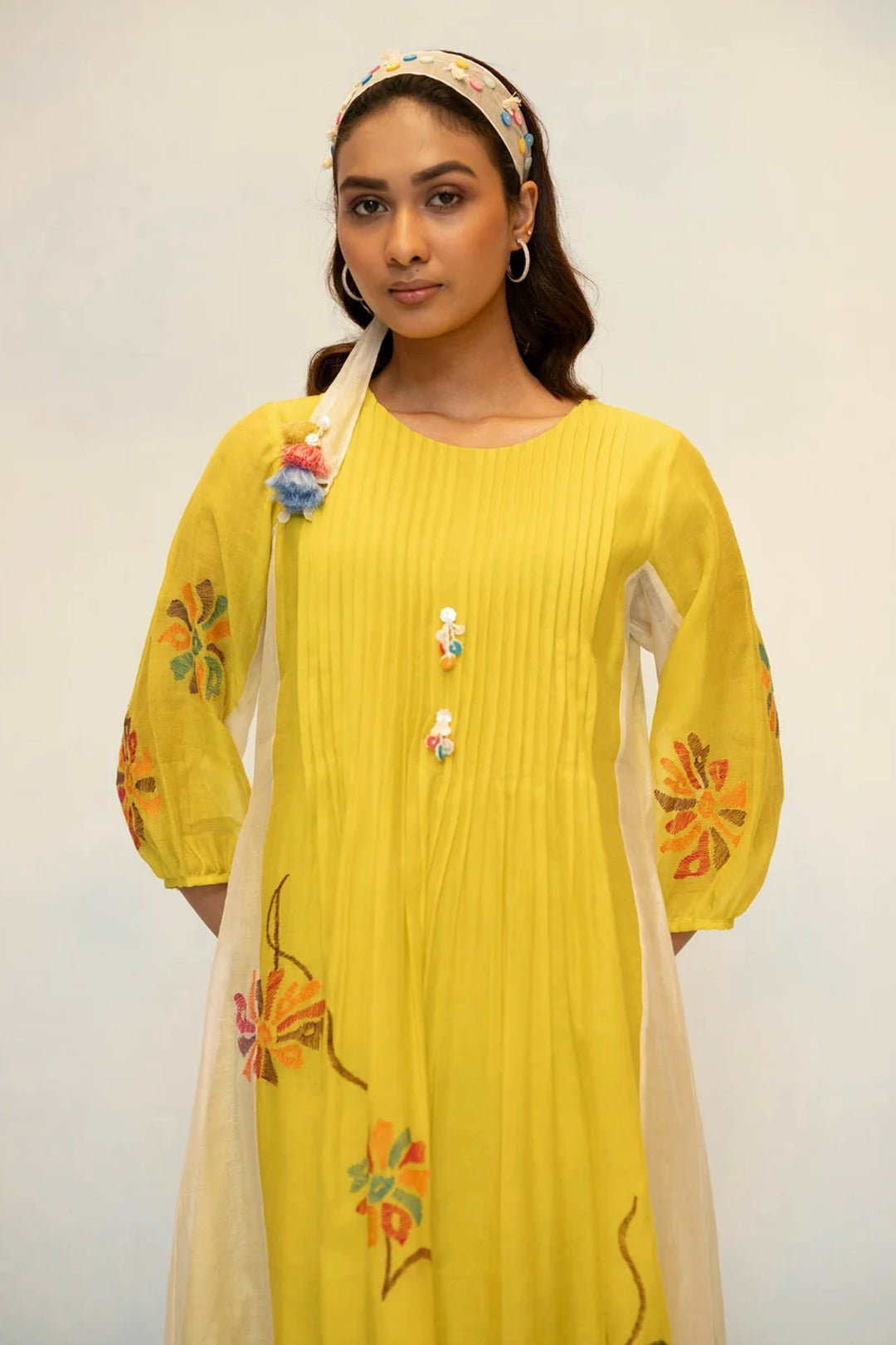 Meher Mul Chanderi Tunic Set in Olive Yellow