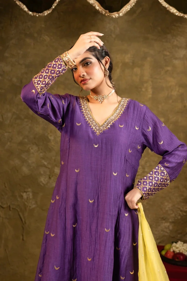 Purple Chand Booti A-Line Suit Set