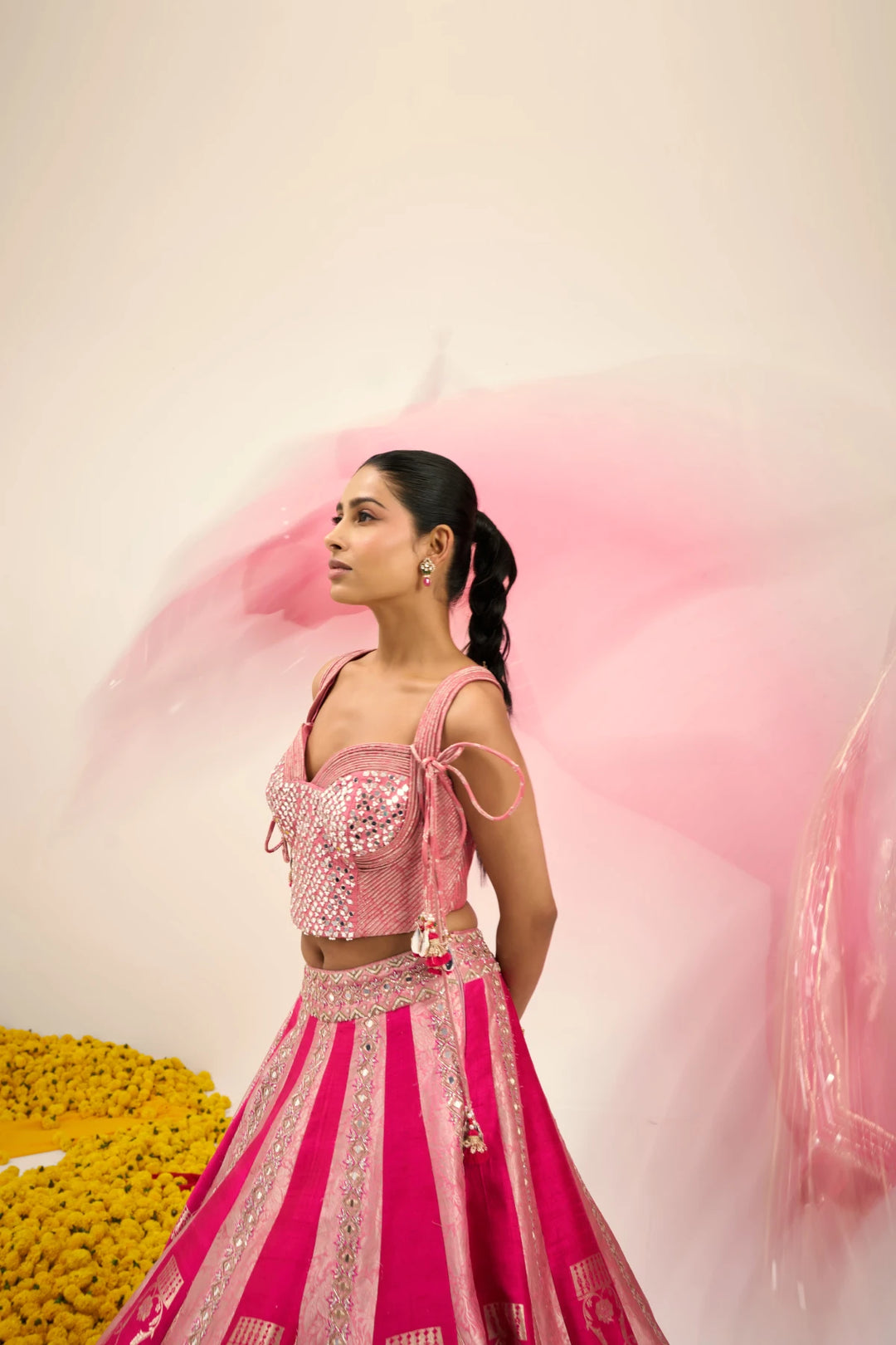 Fuscia panelled Lehenga set