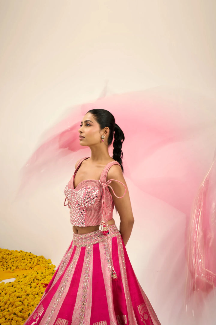 Fuscia panelled Lehenga set