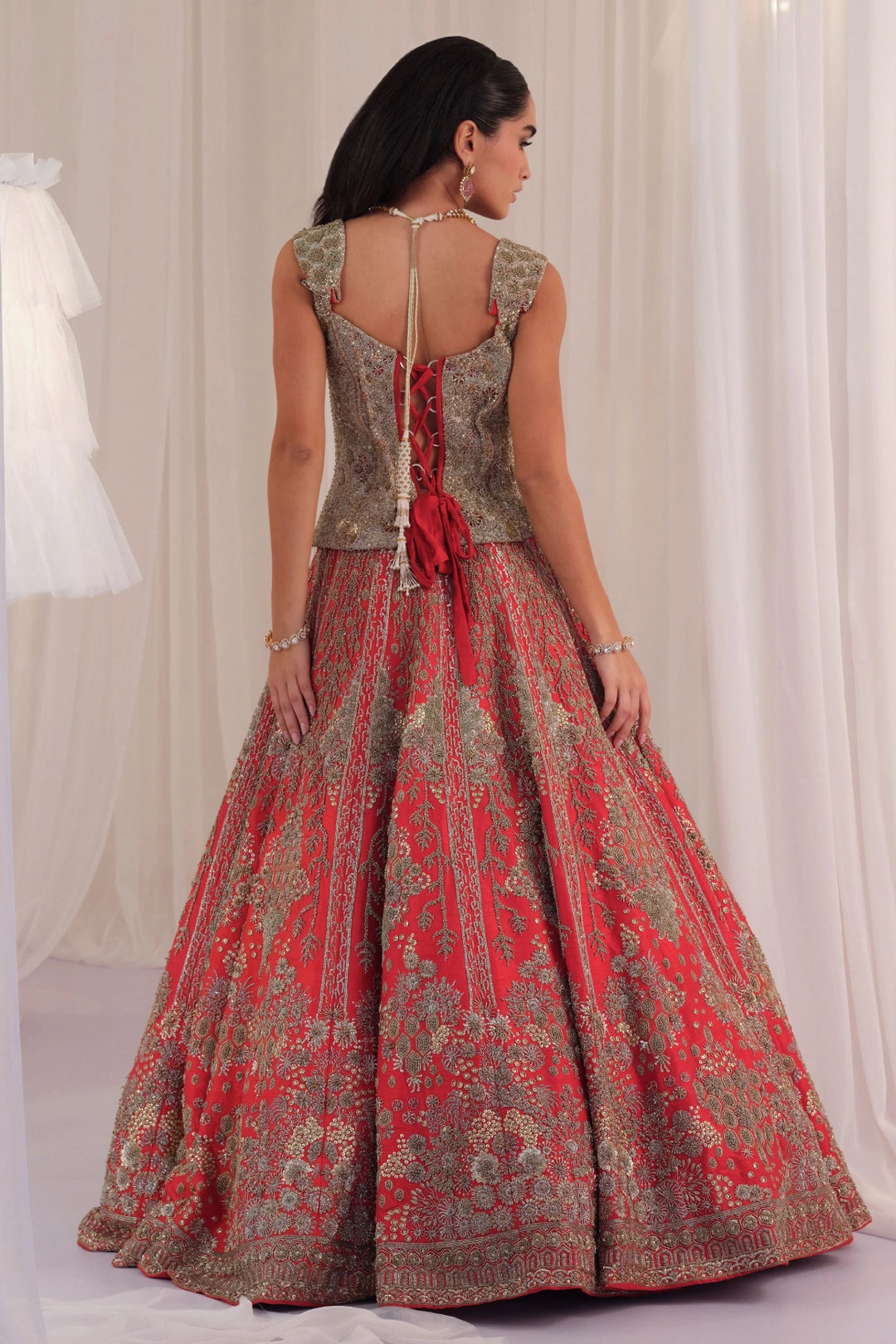 Red Hand Embellished Corset with Raw Silk Lehenga & Dupatta