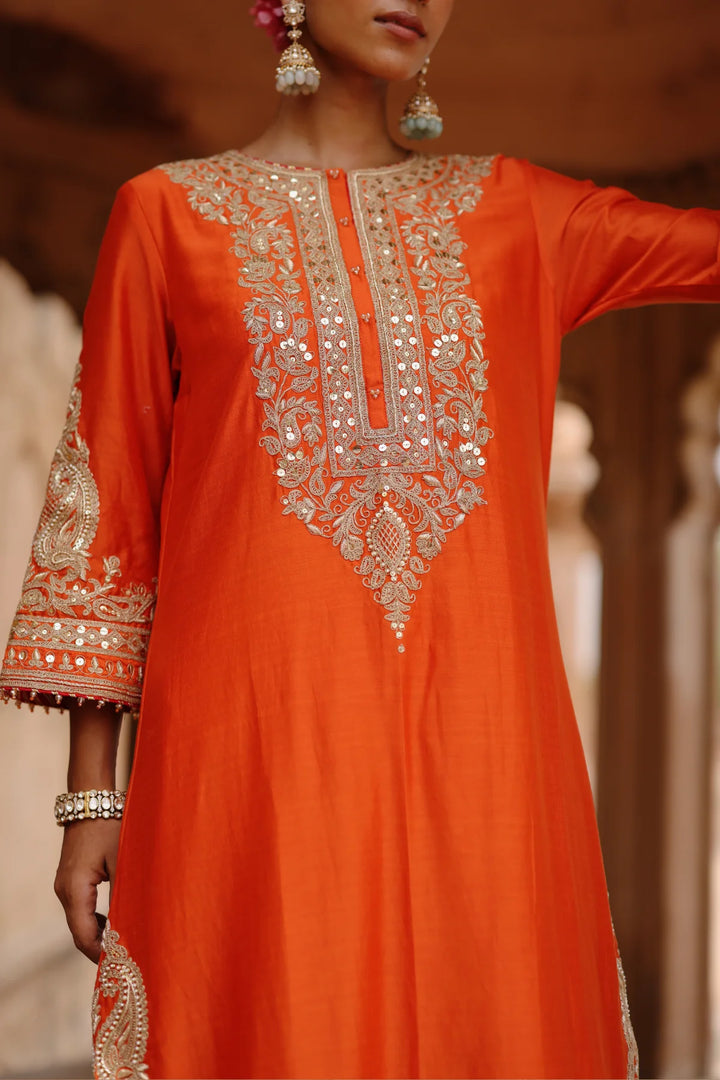 Umaira - Burnt Orange Long Kurta Set with Salwar & Dupatta