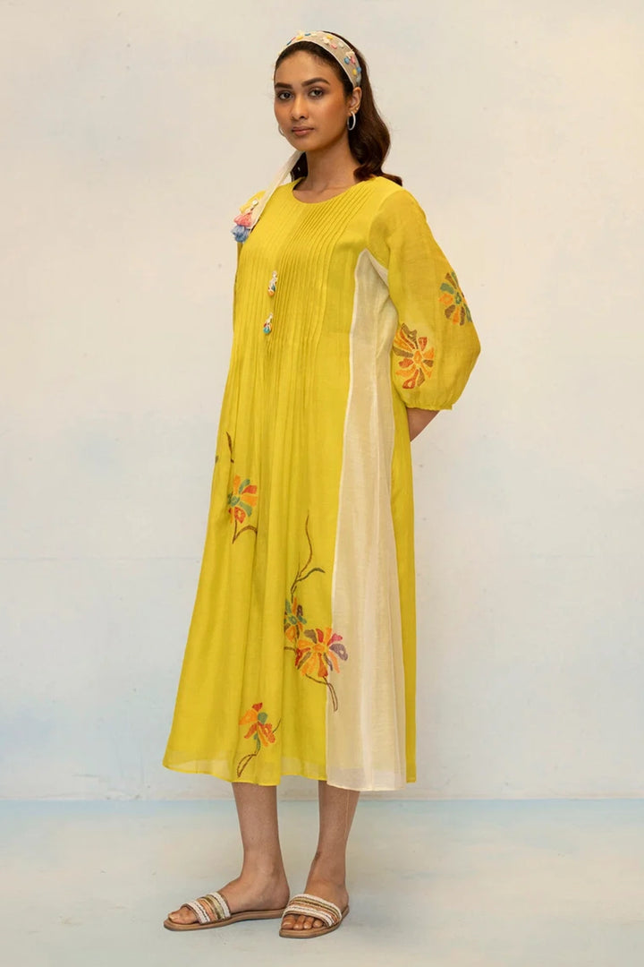Meher Mul Chanderi Tunic Set in Olive Yellow