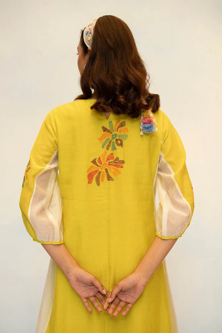 Meher Mul Chanderi Tunic Set in Olive Yellow