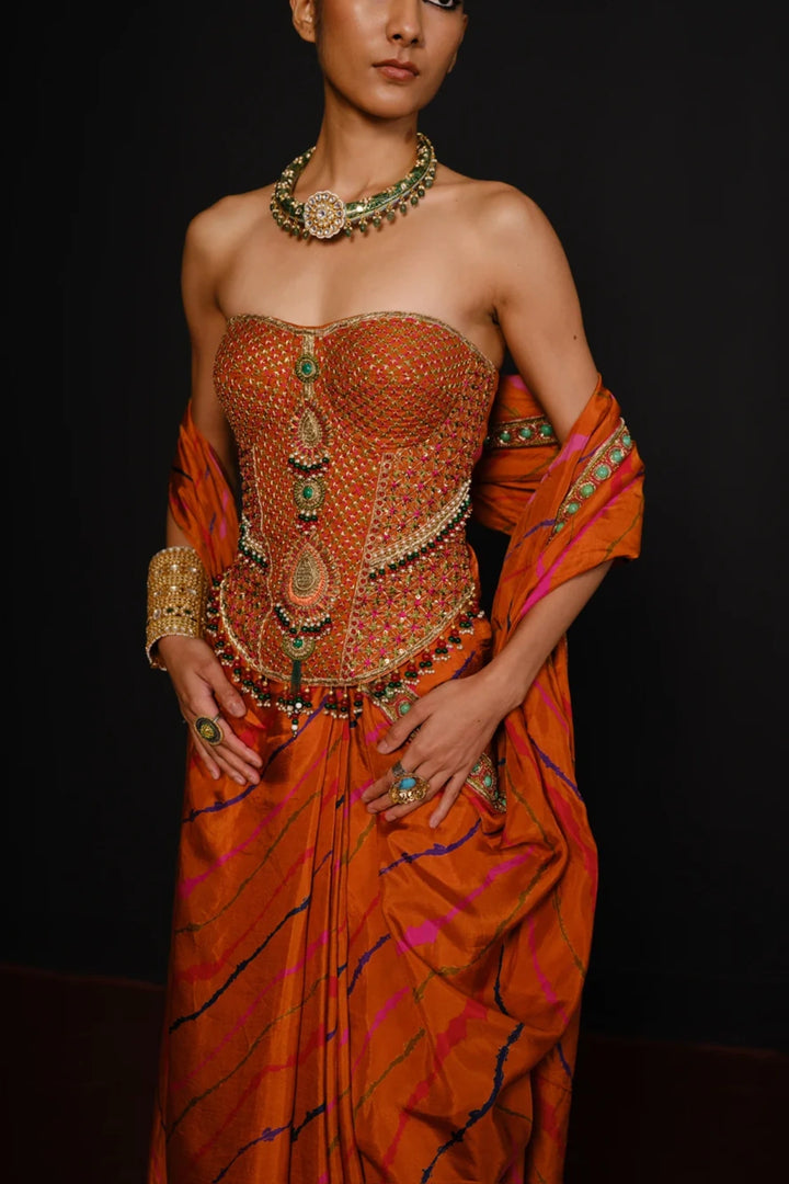 Orange Classic Corset Saree Set