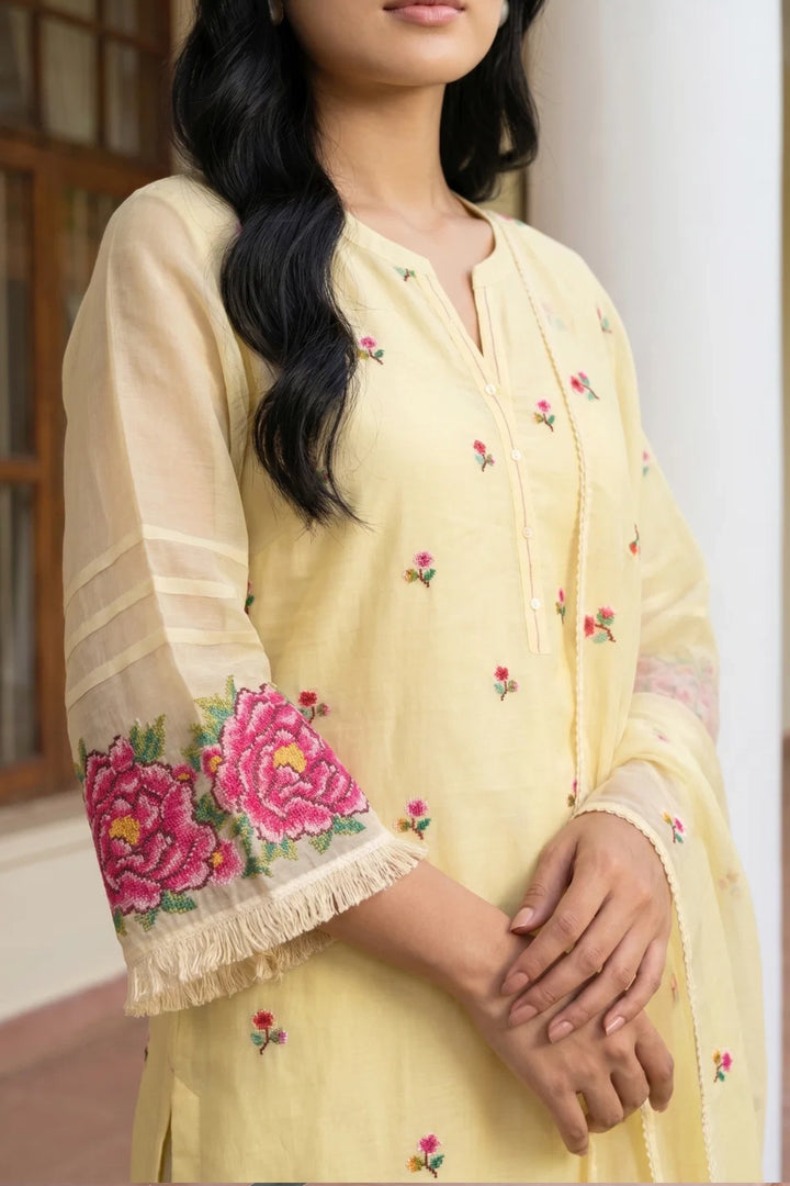 Zia Cross-Stitch Pure Mul Chanderi Kurta Set