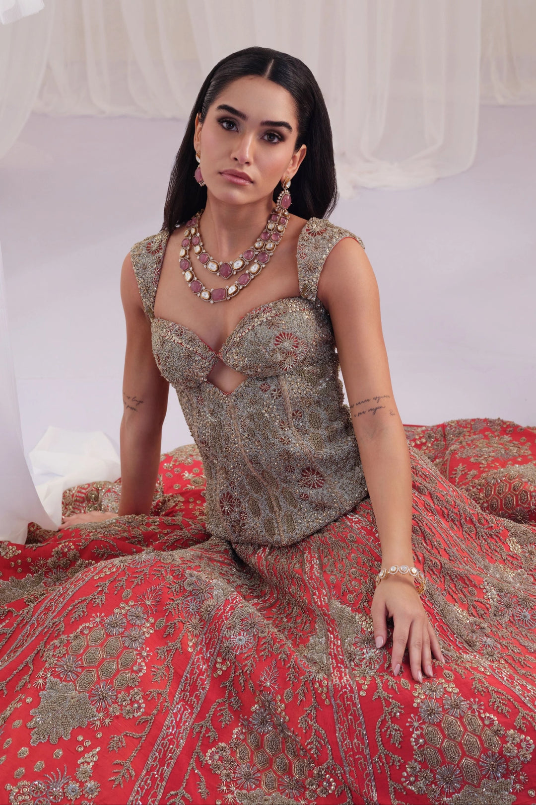 Red Hand Embellished Corset with Raw Silk Lehenga & Dupatta
