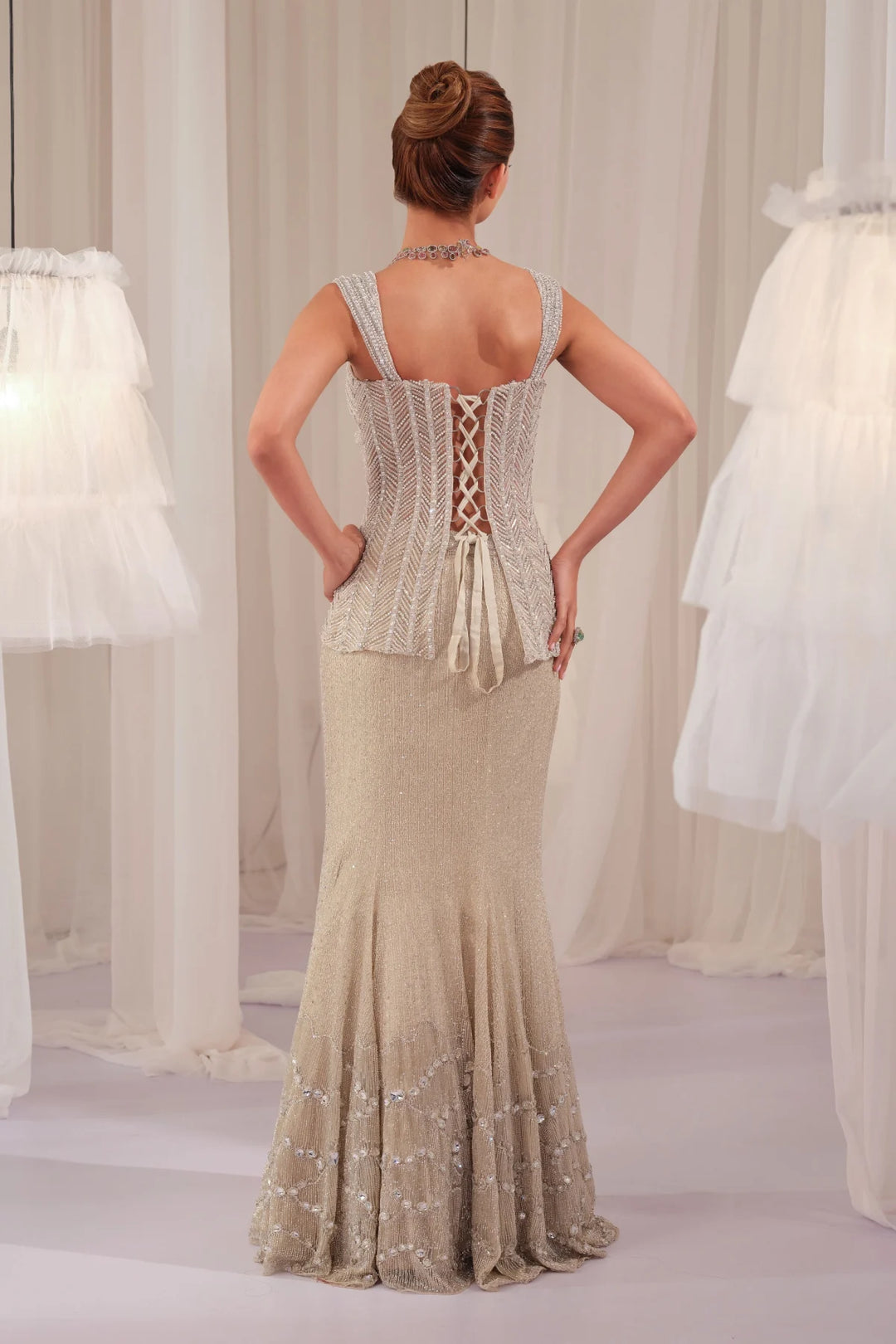 Silver Starlight Corset With Fishcut Lehenga
