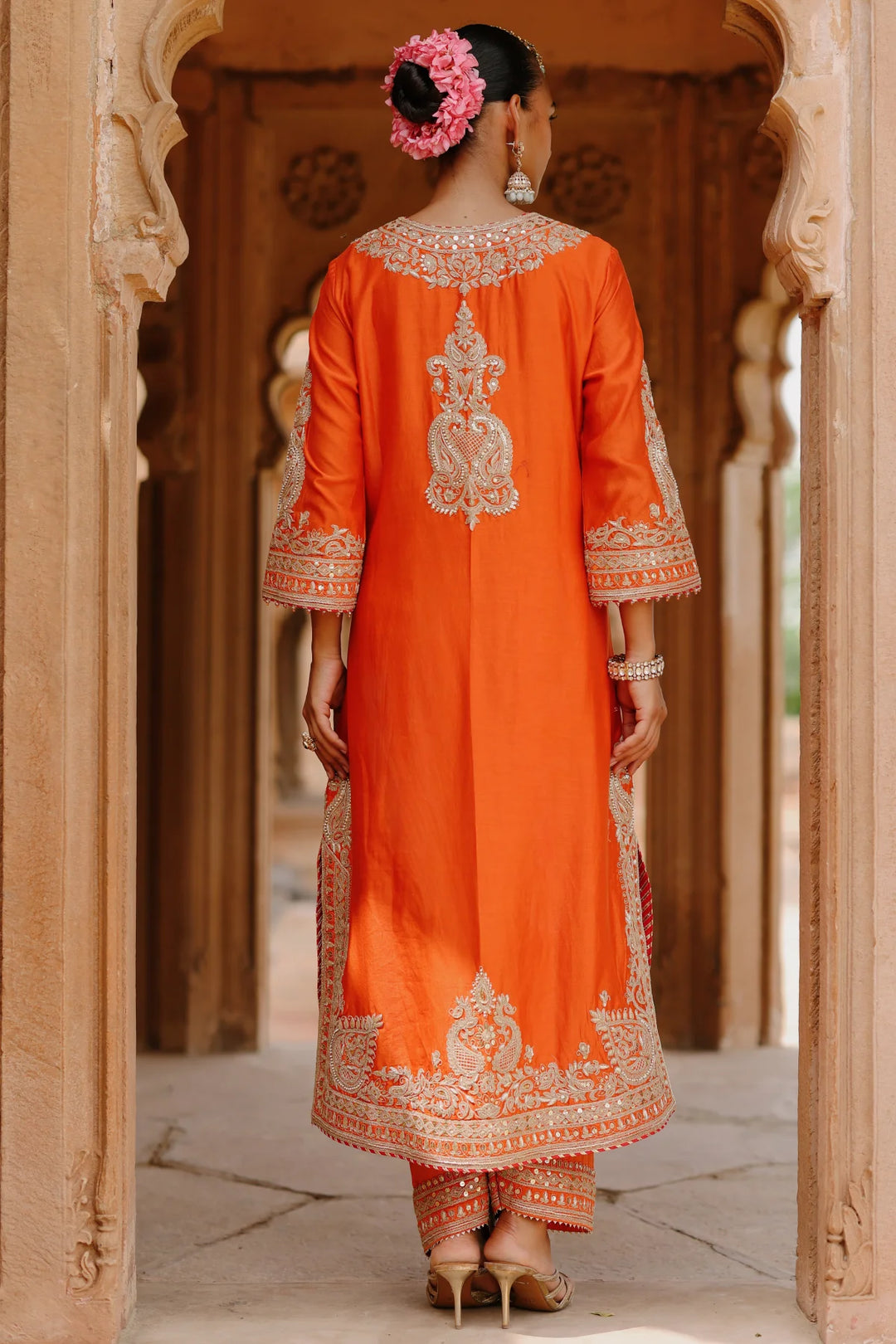 Umaira - Burnt Orange Long Kurta Set with Salwar & Dupatta