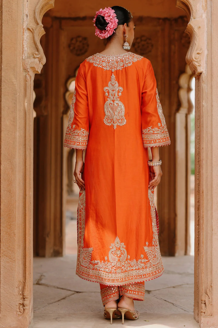 Umaira - Burnt Orange Long Kurta Set with Salwar & Dupatta