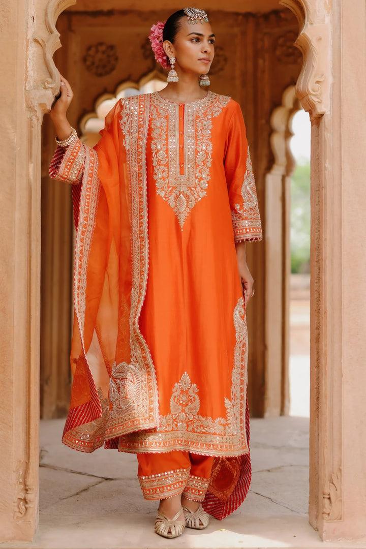 Umaira - Burnt Orange Long Kurta Set with Salwar & Dupatta