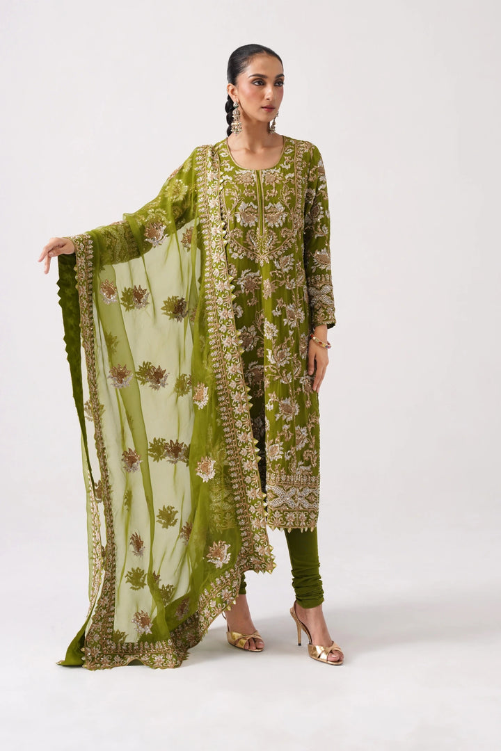 Zaar Bagh - Long Kurta Set - Mehandi Green