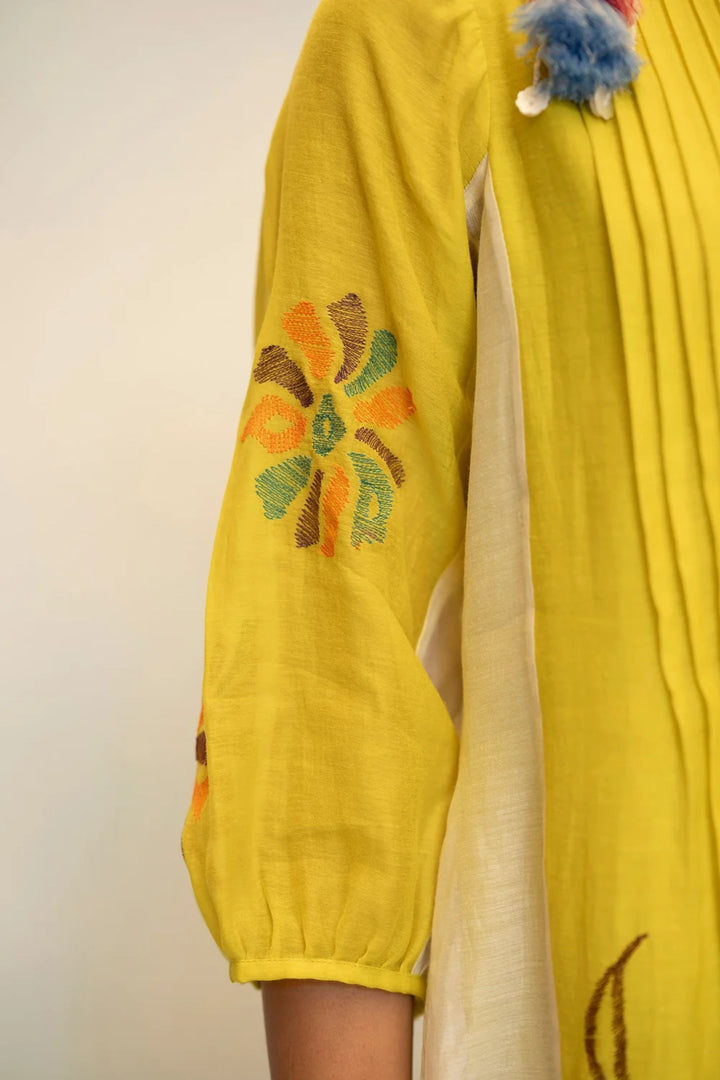 Meher Mul Chanderi Tunic Set in Olive Yellow