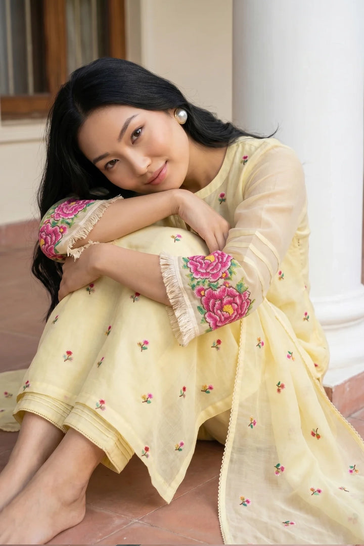 Zia Cross-Stitch Pure Mul Chanderi Kurta Set