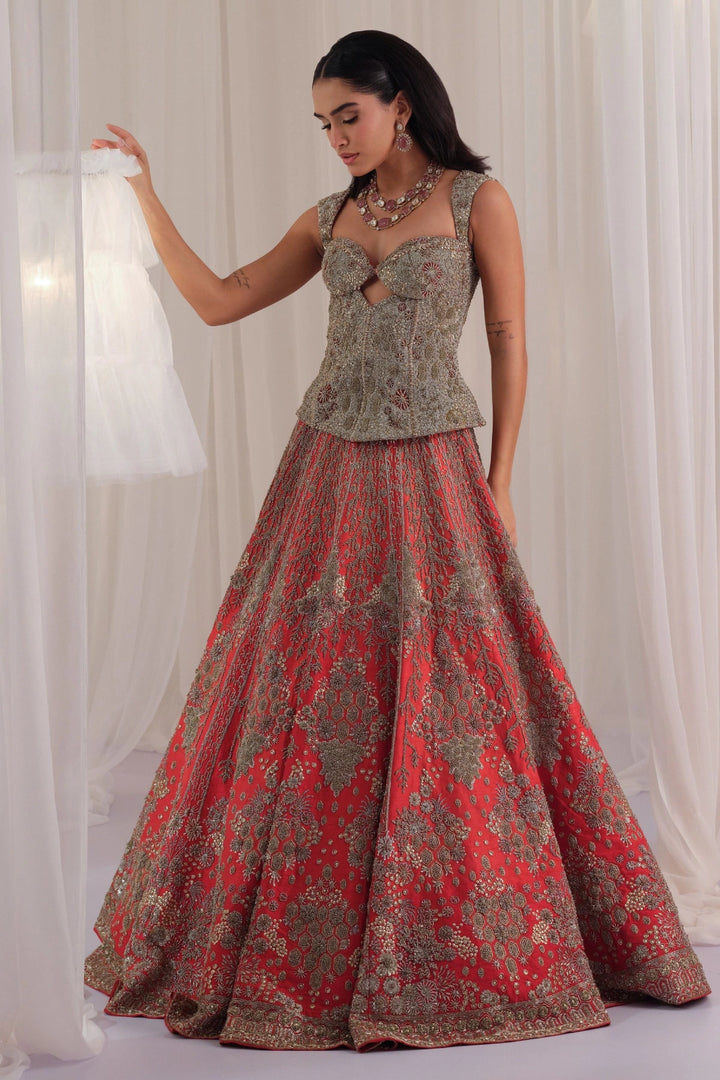 Red Hand Embellished Corset with Raw Silk Lehenga & Dupatta