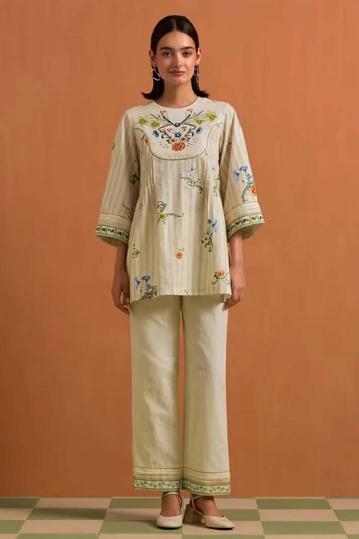 Verdant Yoke Top & Trouser Set-Ivory